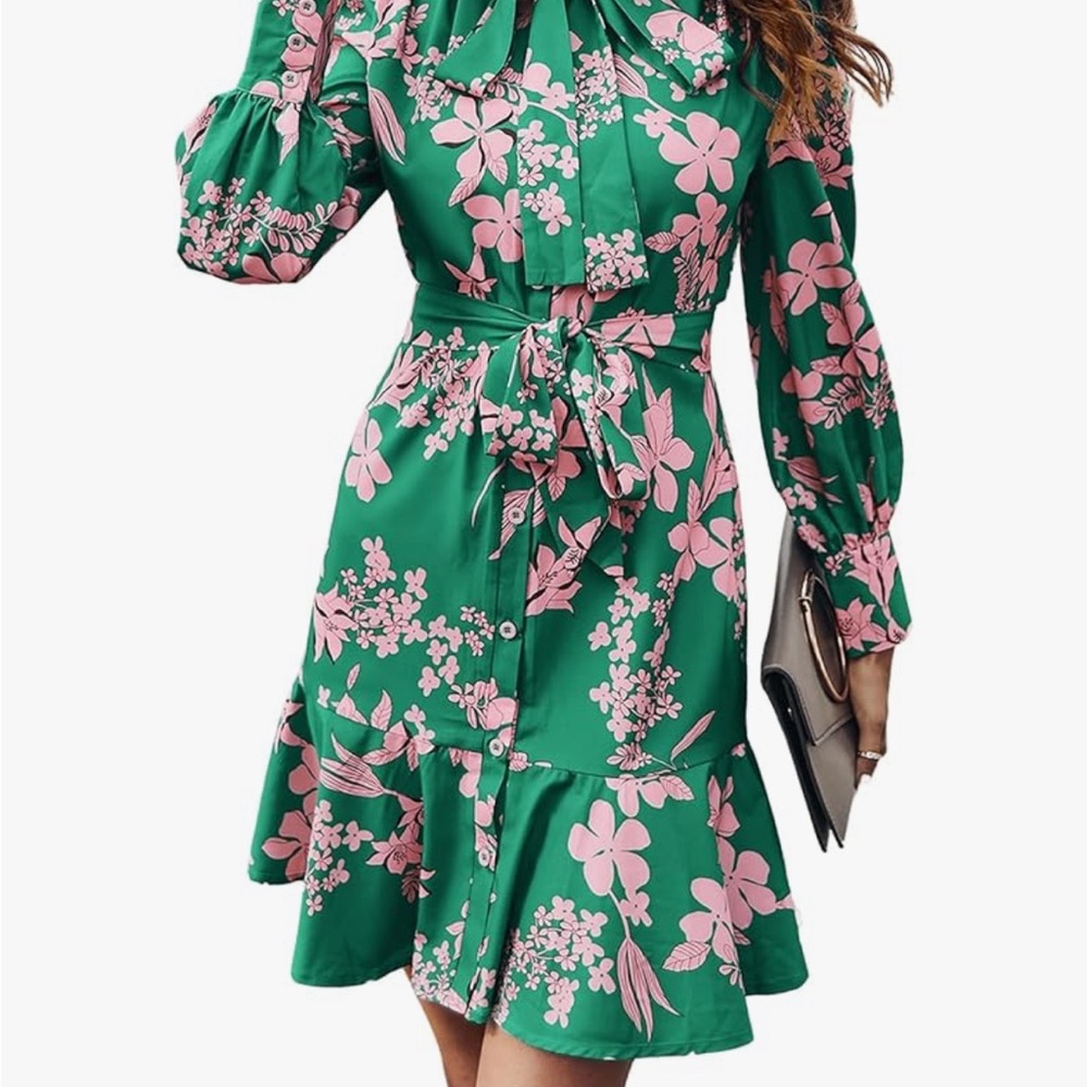 Spring Floral Green and Pink Women’s Dress-XL